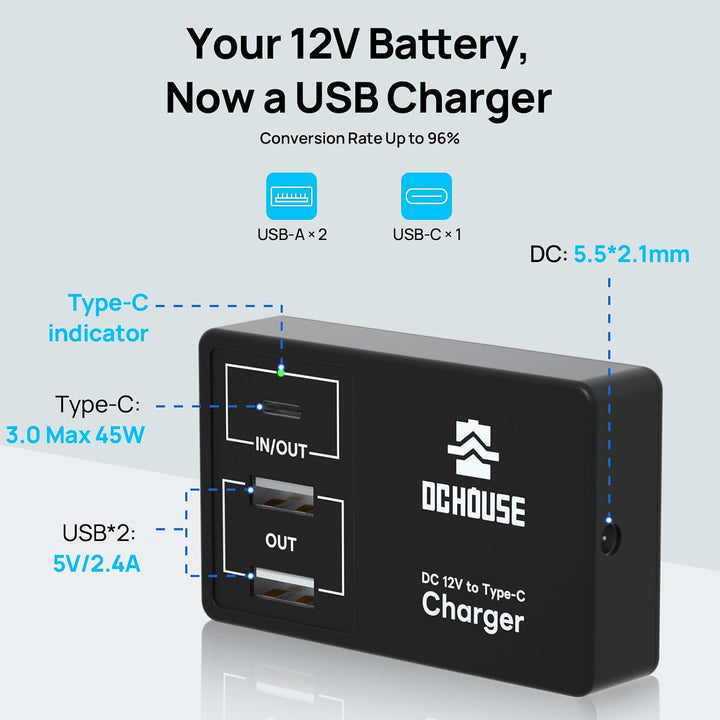 DCHOUSE 12V Lithium Batterie Ladegerät Adapter Konverter, DC zu Typ-C & USB,Bidirektionales Laden un