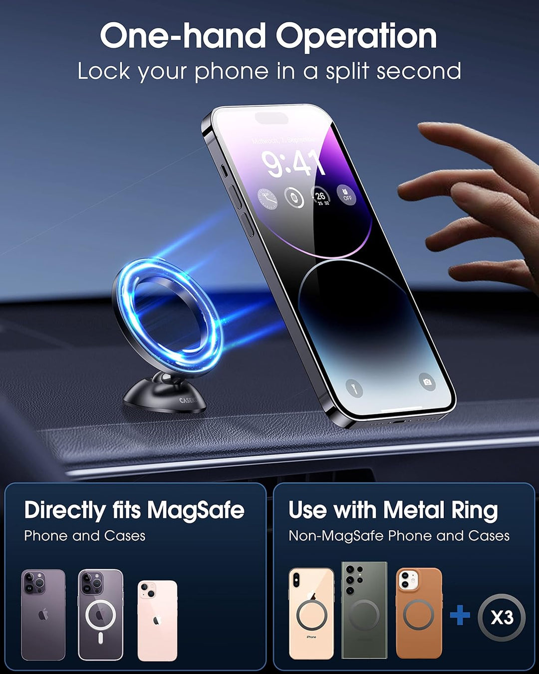 CASEKOO [2024 Neueste] Handyhalterung Auto für MagSafe [Nr.1 Magnetkraft & Fällt Nie ab] [Nr.1 Stabi