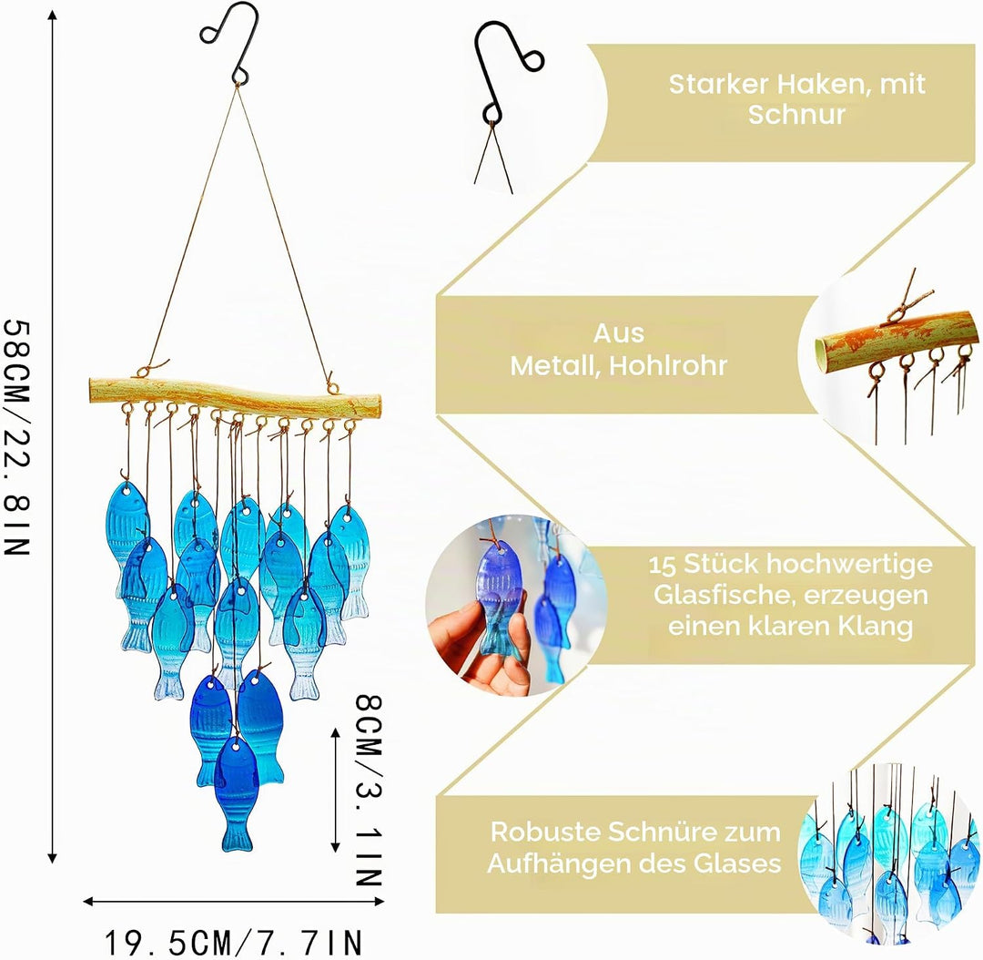 H&D HYALINE & DORA 58,4 cm blaues Glas Meereswindspiel, handgefertigtes Fisch Windspiel für draussen