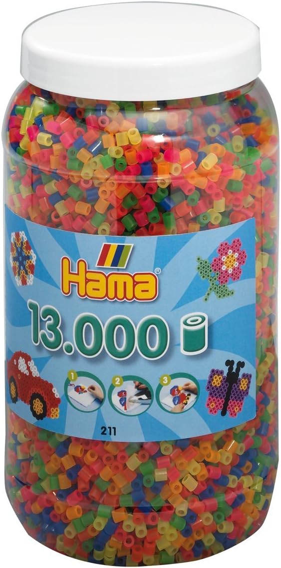 Hama Bügelperlen 2-tlg Set Perlendose 211-00 Vollton + 211-51 Neon je mit 13000 Perlen = 26000 Perle