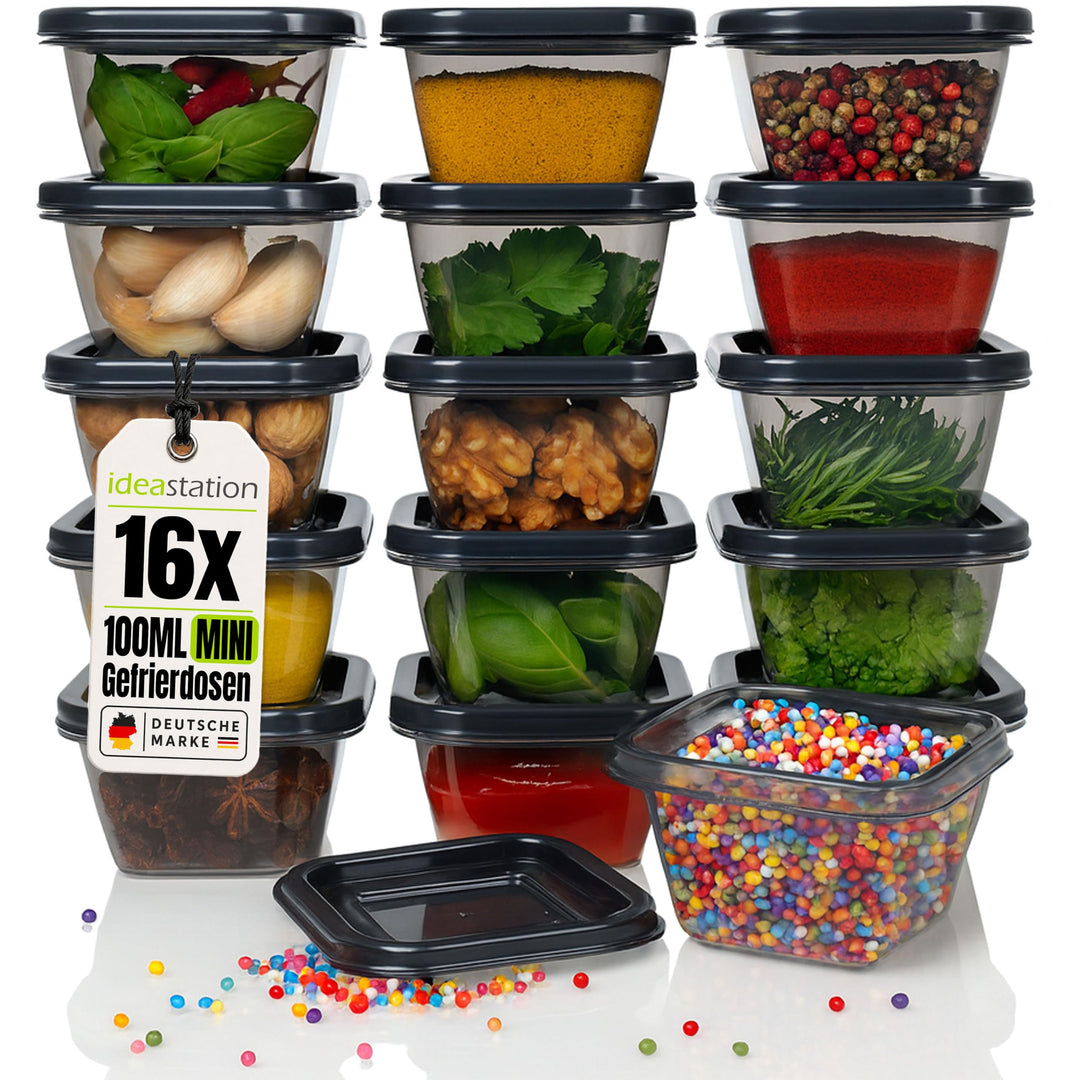 idea-station Gefrierdosen klein 16 x 100 ml - anthrazit - BPA-freie mini Vorratsdosen mit Deckel - b