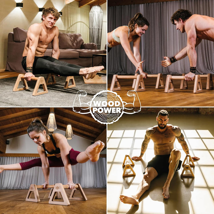 WOODPOWER® PowerBars Holz-Parallettes für Liegestütze, Liegestützgriffe Holz, Handstände, Yoga & Cal