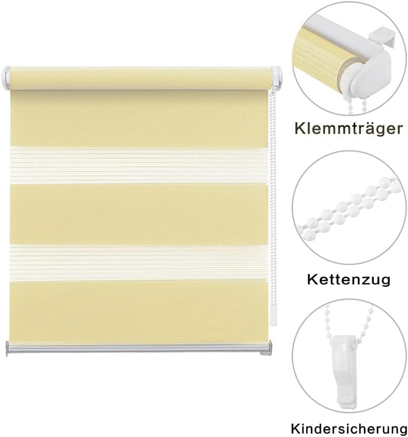 Eurohome Doppelrollo Klemmfix ohne Bohren, Duo Rollo,120cm x 130cm (Stoffbreite 116 cm) Beige Transp