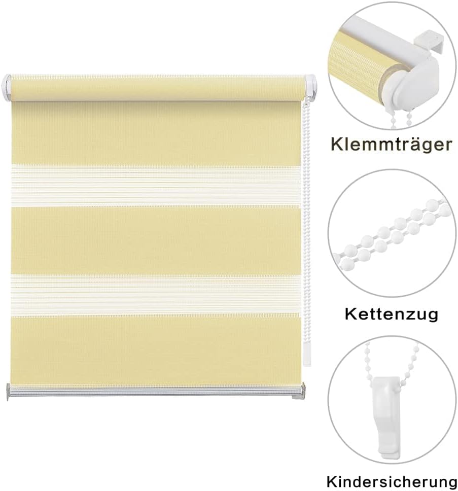 Eurohome Doppelrollo Klemmfix ohne Bohren, Duo Rollo,40cm x 130cm (Stoffbreite 36 cm) Beige Transpar