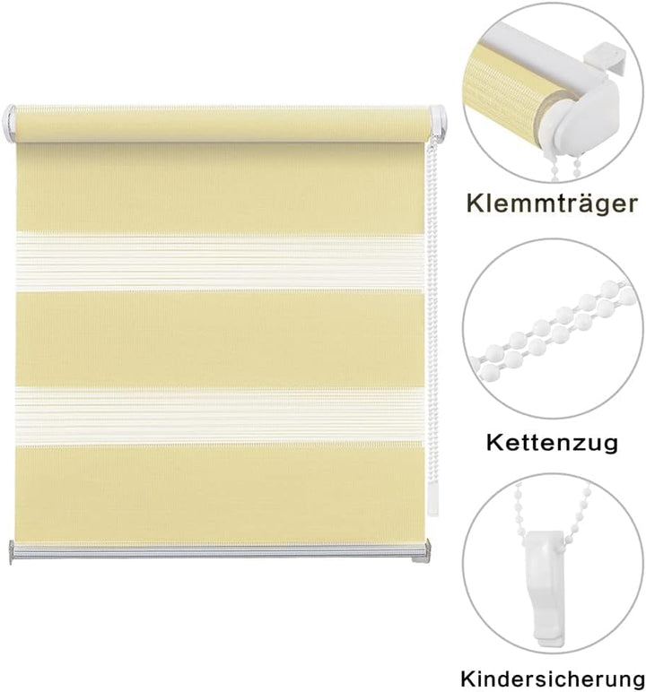 Eurohome Doppelrollo Klemmfix ohne Bohren, Duo Rollo,40cm x 130cm (Stoffbreite 36 cm) Beige Transpar