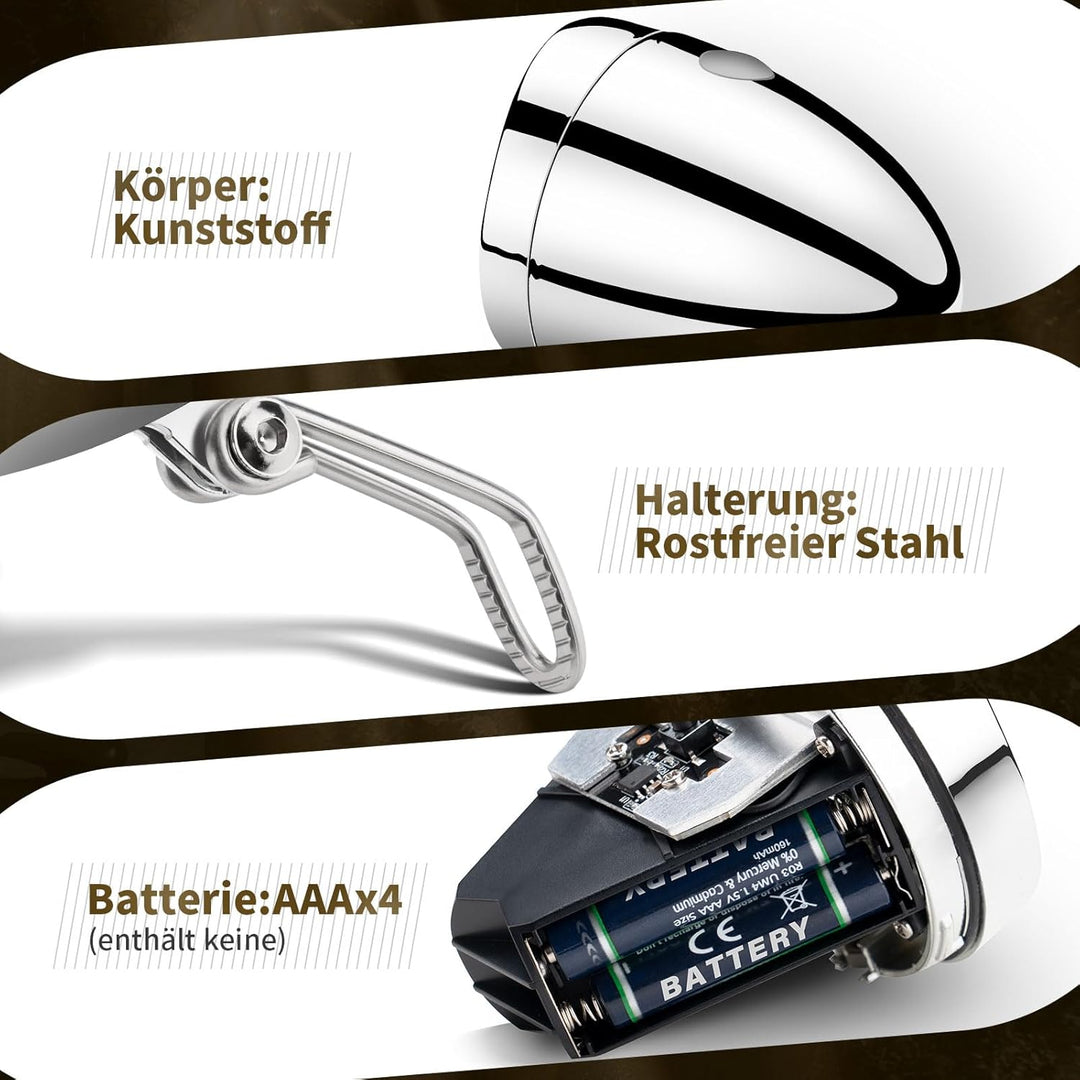 Retro LED Fahrradlicht Vorne, 30 LUX Fahrrad Frontlicht mit 100% / 50% Lichtleistung und 4X AAA Batt