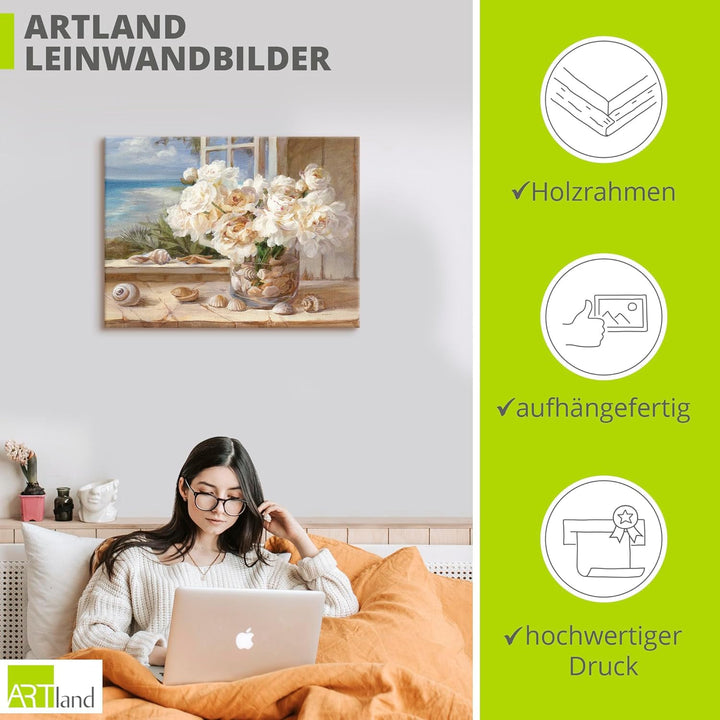 ARTland Leinwandbilder Wandbild Bild auf Leinwand 60x45 cm Wanddeko Fensterblick Fenster Strand Meer