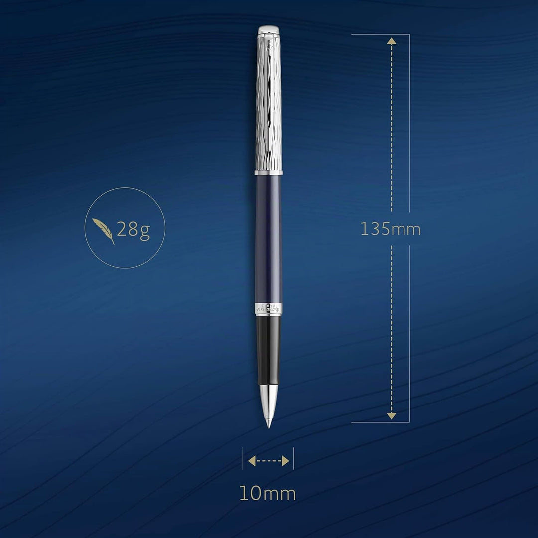 Waterman Hémisphère Tintenroller | Metall und blaue Lackierung | ziselierte Kappe | schwarze Tinte |
