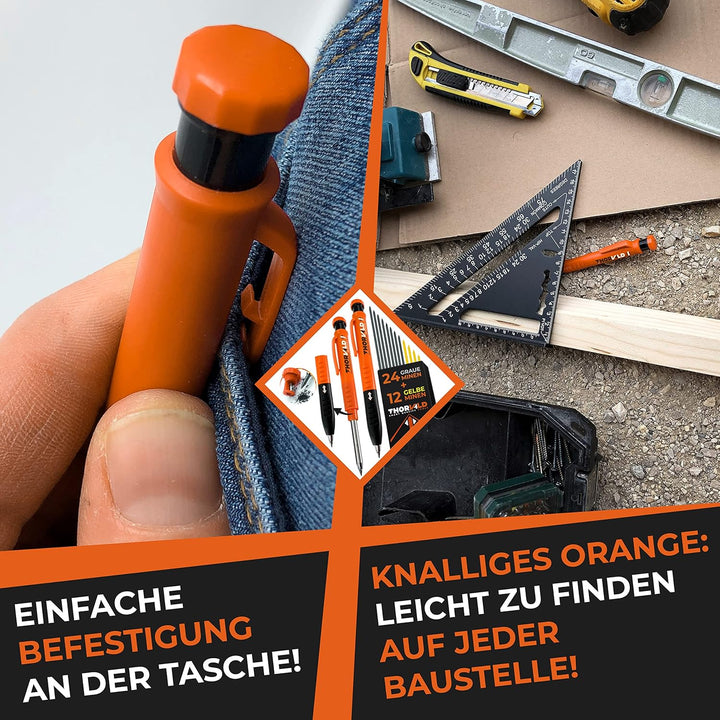 THORVALD Set Tieflochmarker Bleistift (2 x Zimmermannsbleistift + 38 Minen + Spitzer + Schreibgriff)