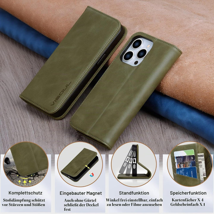 VISOUL Hülle für iPhone 14 Pro Max Handyhülle [Echtleder] [Schützt] [Kartenfach] [Magnet] [Standfunk