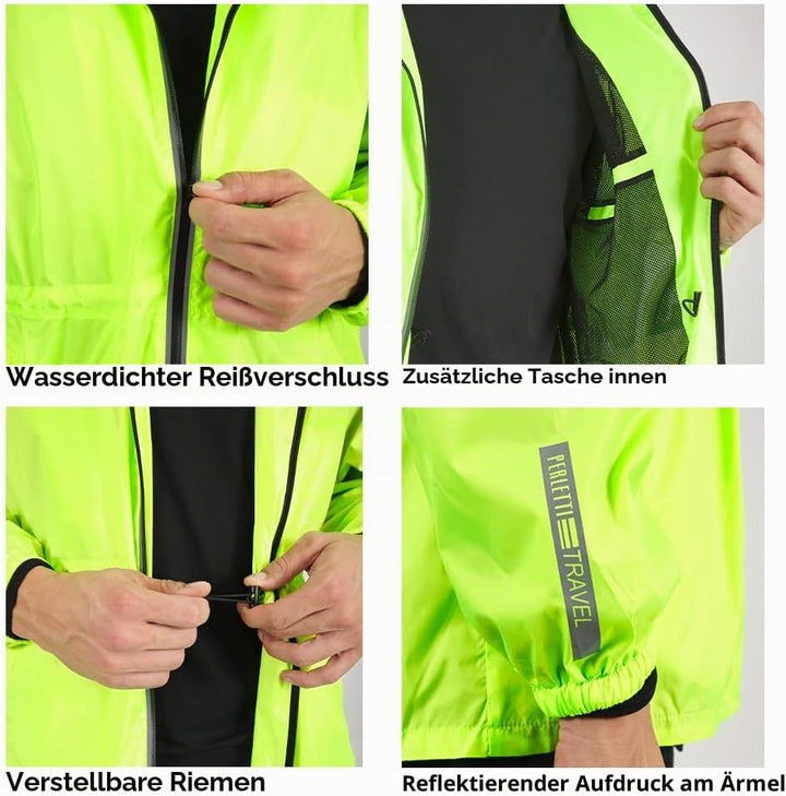 PERLETTI Regenjacke Herren Schwarz Gelb für Hohe Sichtbarkeit - Reflektierende Regenponcho Windbreak
