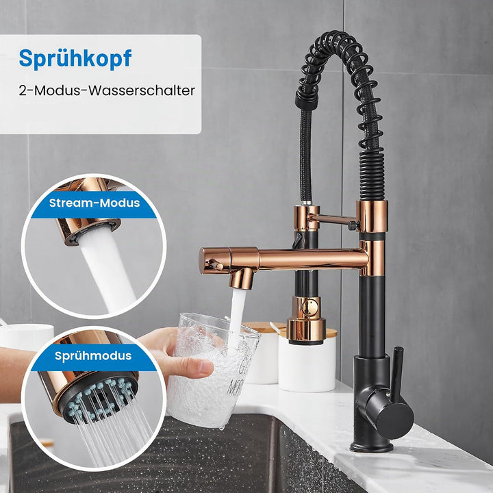 Küchenarmatur mit herausziehbarem Sprühkopf, hoher Bogen, Einhebelfeder, Küchenspüle, Schwarz, Roség