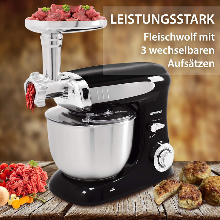 Syntrox Germany KM-1300W Black de Luxe Küchenmaschine Knetmaschine Mixer mit Fleischwolf, Edelstahl-