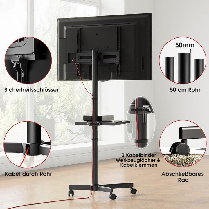 AOKCOS TV Ständer Rollbar für 32-65 Zoll Fernseher, TV Wagen mit Tablett, Fernsehständer Höhenverste