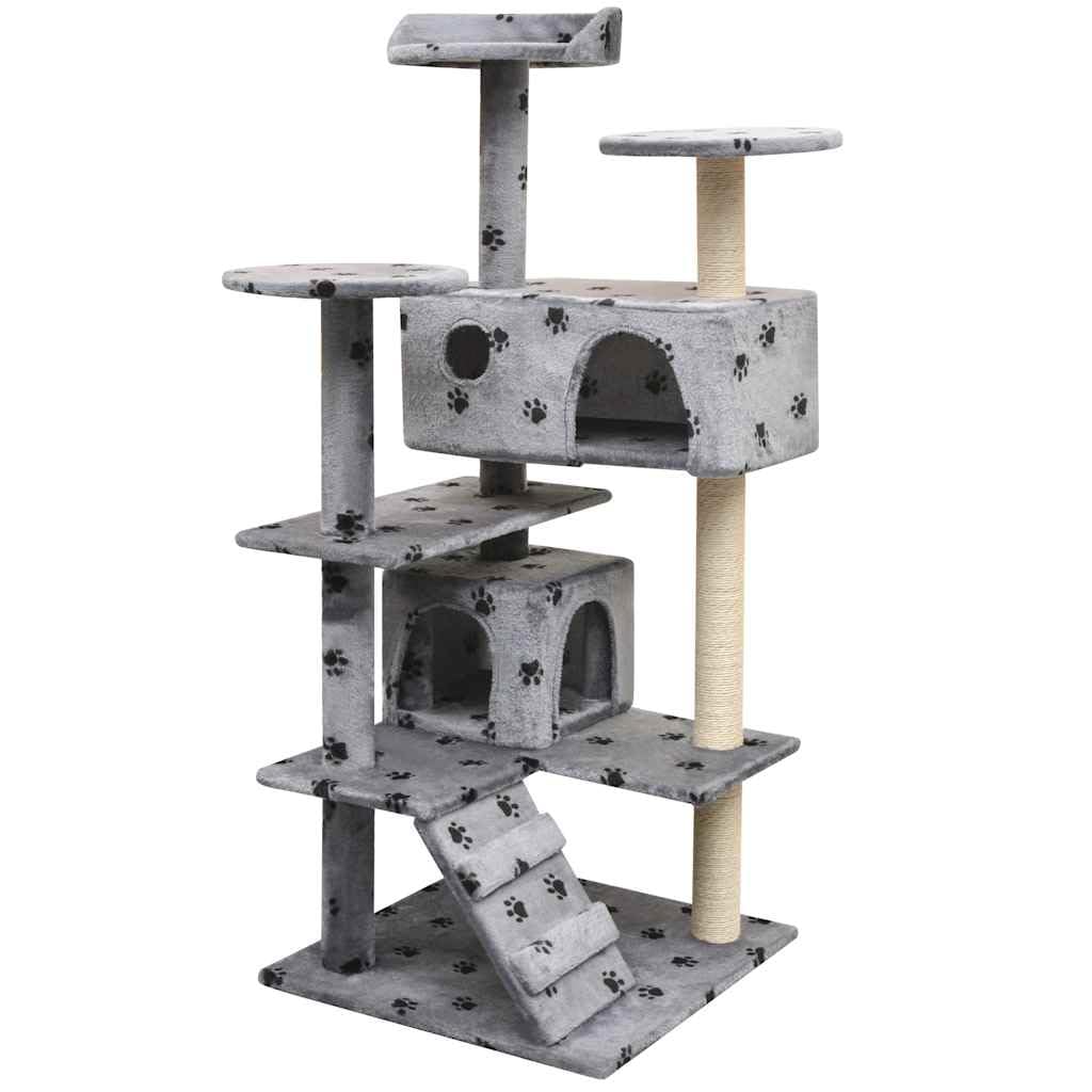 Katzen-Kratzbaum 125 cm Grau mit Pfoten-Aufdruck, Sisal-Kratzsäule, Plattform, Höhle und Liegefläche