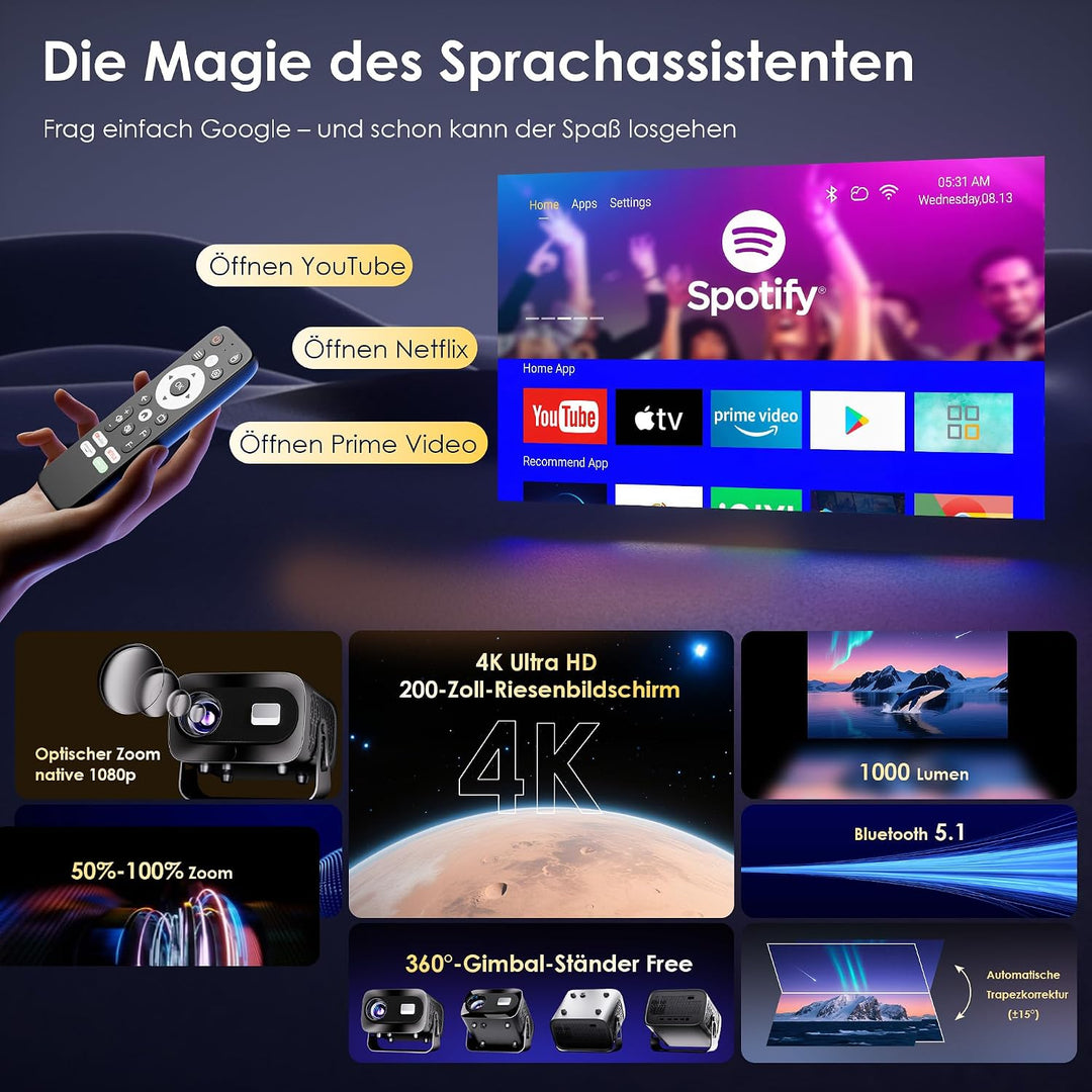 Mini Beamer 4K Smart Beamer【Offizielle App】mit Full HD 1080P, 1000 Lumen, Autofokus und Trapezkorrek