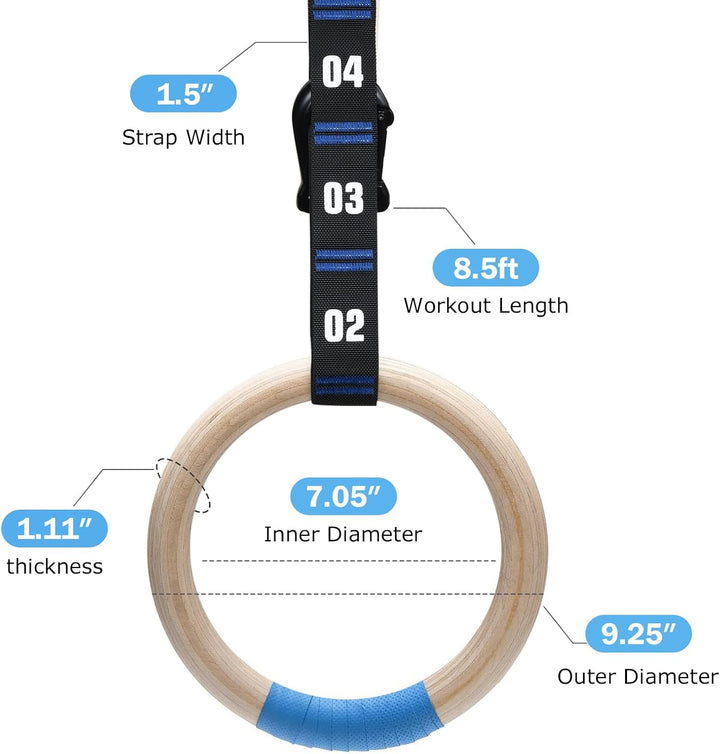 Zingtto Wooden Gymnastics Rings with Adjustable Numbered Straps Olympic Rings, 1.25'' or 1.1" Gym Ri
