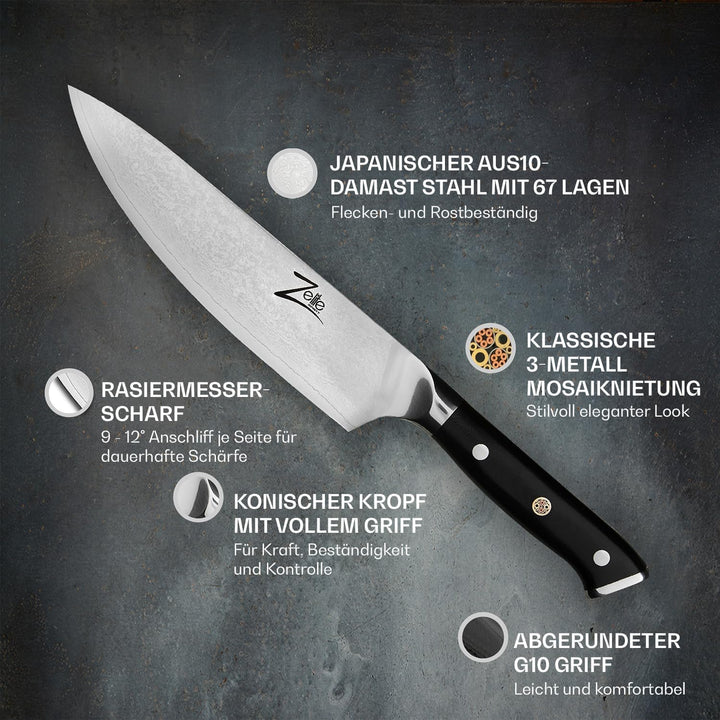 Zelite® Damastmesser, Scharfes Küchenmesser 20,3 cm, Japanisches Messer für Zuhause und Gastro, Prof