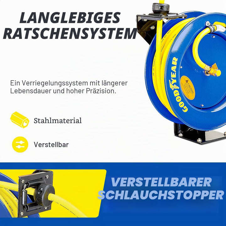 Goodyear Schlauchtrommel Stahl Einziehbare Air Compressor Schlauchaufroller mit 9,5mm × 15m schlauch
