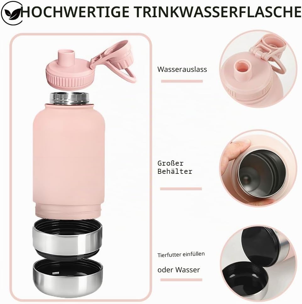 Pets Hundetrinkflasche für Unterwegs, 950ml Isolierte Edelstahl Trinkflasche Hunde mit Futterbehälte