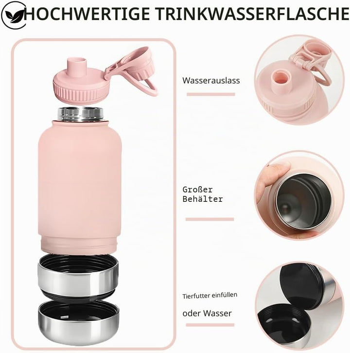 Pets Hundetrinkflasche für Unterwegs, 950ml Isolierte Edelstahl Trinkflasche Hunde mit Futterbehälte