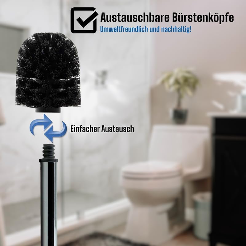 Daloual - 10 x Ersatz WC-Bürstenkopf Schwarz Ø ca. 6,5 cm + 2 x Edelstahl-Griff 41,5 cm - Toiletten-