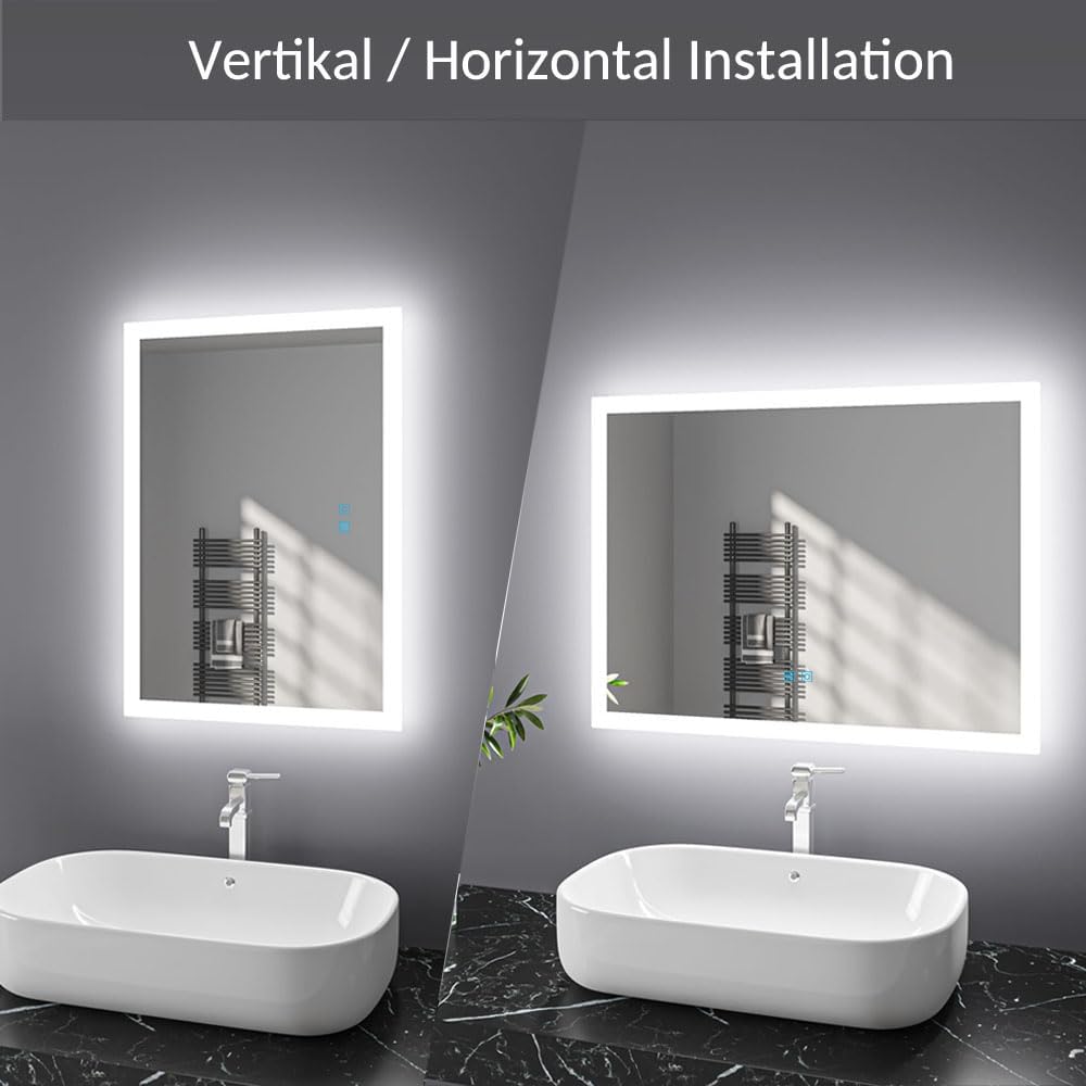 Badspiegel mit Beleuchtung 90x60 cm LED Spiegel Bad mit Touch-Schalter Beschlagfrei Badezimmerspiege