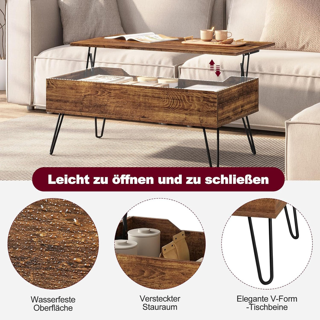 WOLTU Couchtisch Wohnzimmertisch höhenverstellbar ausziehbar, Kaffeetisch mit verstecktem Stauraum,