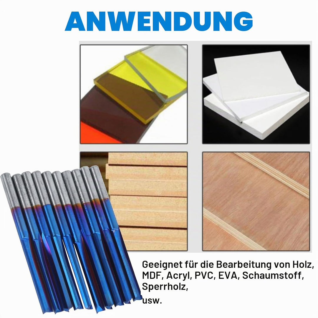 10Pcs 3.175mm CNC Fräser Hartmetall 2-Flöten Gerade Nano Blue Coating Schaftfräser, Grifffräswerkzeu