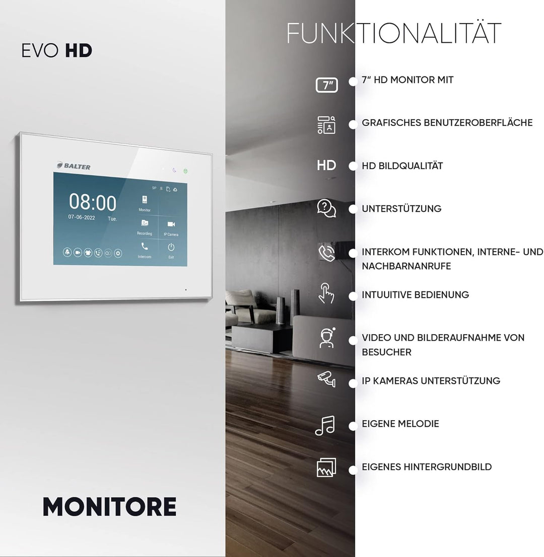 Balter EVO-HD Video Türsprechanlage Zusatzmonitor, Ohne App, Video Türklingel mit Kamera,1 Familienh