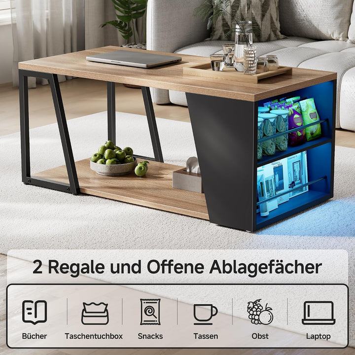 Gyfimoie Couchtisch mit Stauraum, Wohnzimmertisch mit Verstellbarer LED, Sofatisch mit Regal, Beiste