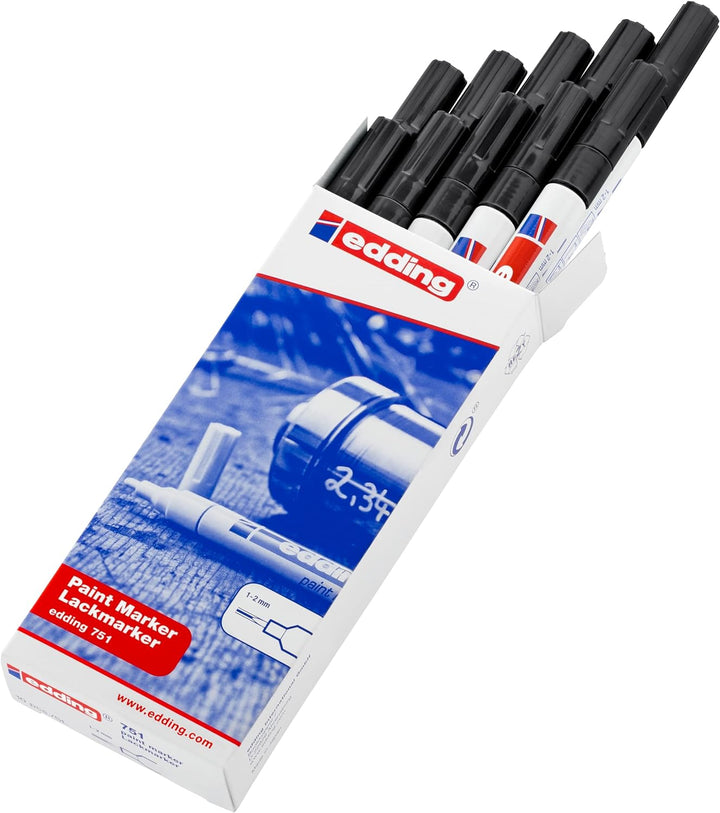 edding 751 Lackmarker - schwarz - 10 Stifte - Rundspitze 1-2 mm - Lackstift zur Markierung und Besch