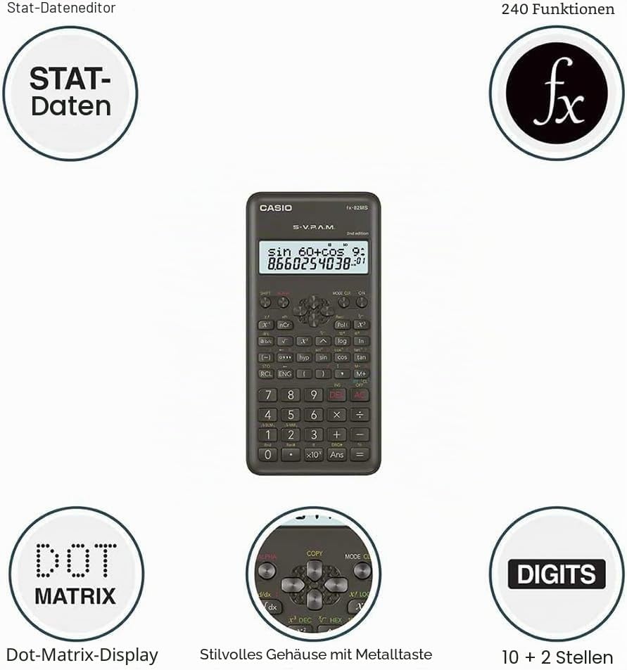 Casio fx-82MS Taschenrechner, wissenschaftlicher Taschenrechner, Schwarz, 12 Ziffern, 2 Zeilen, Batt