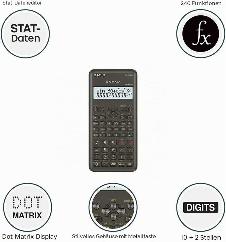Casio fx-82MS Taschenrechner, wissenschaftlicher Taschenrechner, Schwarz, 12 Ziffern, 2 Zeilen, Batt