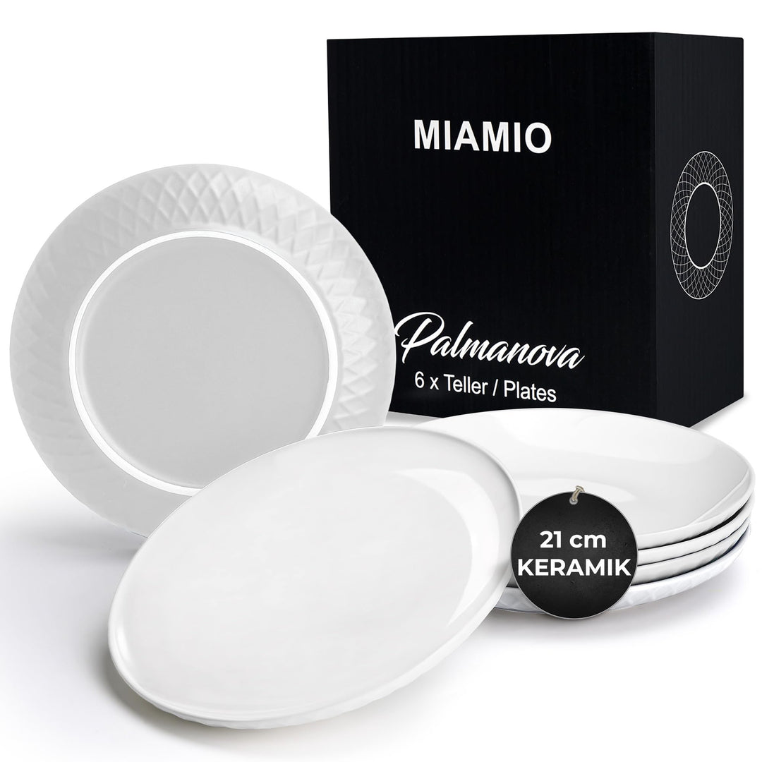 MIAMIO - 6er Geschirrset/Teller Set modern aus Keramik für 6 Personen - Palmanova Kollektion (Weiss,