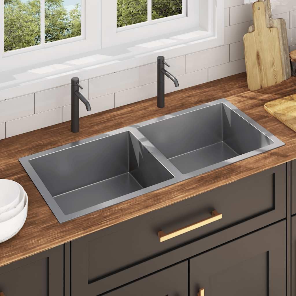 vidaXL Handgemachte Einbauspüle Wasserabfluss in X-Form Spüle Edelstahlspüle Spülbecken Küchenspüle