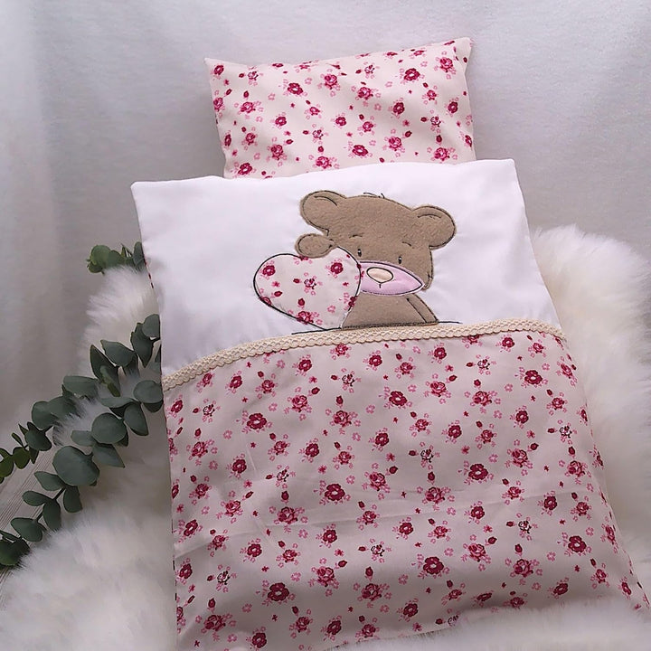 Puppenbettwäsche altrosa mit Teddy aus Fleece, Masse ca. Decke 40h x 33b, Kissen 20h x 24b cm.