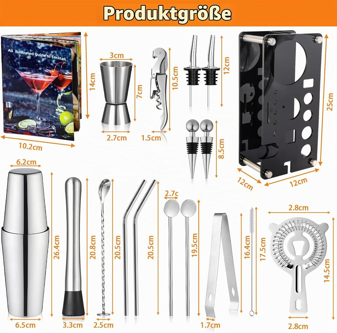 Cocktail Shaker 18 Stück, Cocktail Set, Professionelles Barzubehör Werkzeug Party Essential Cocktail