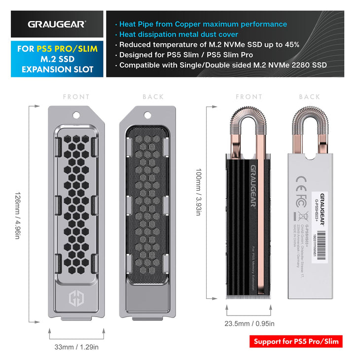GRAUGEAR HeatPipe-Kühlkörper für M.2 NVMe SSD (2280), PS5 Pro, PS5 Slim, für Playstation Speichererw