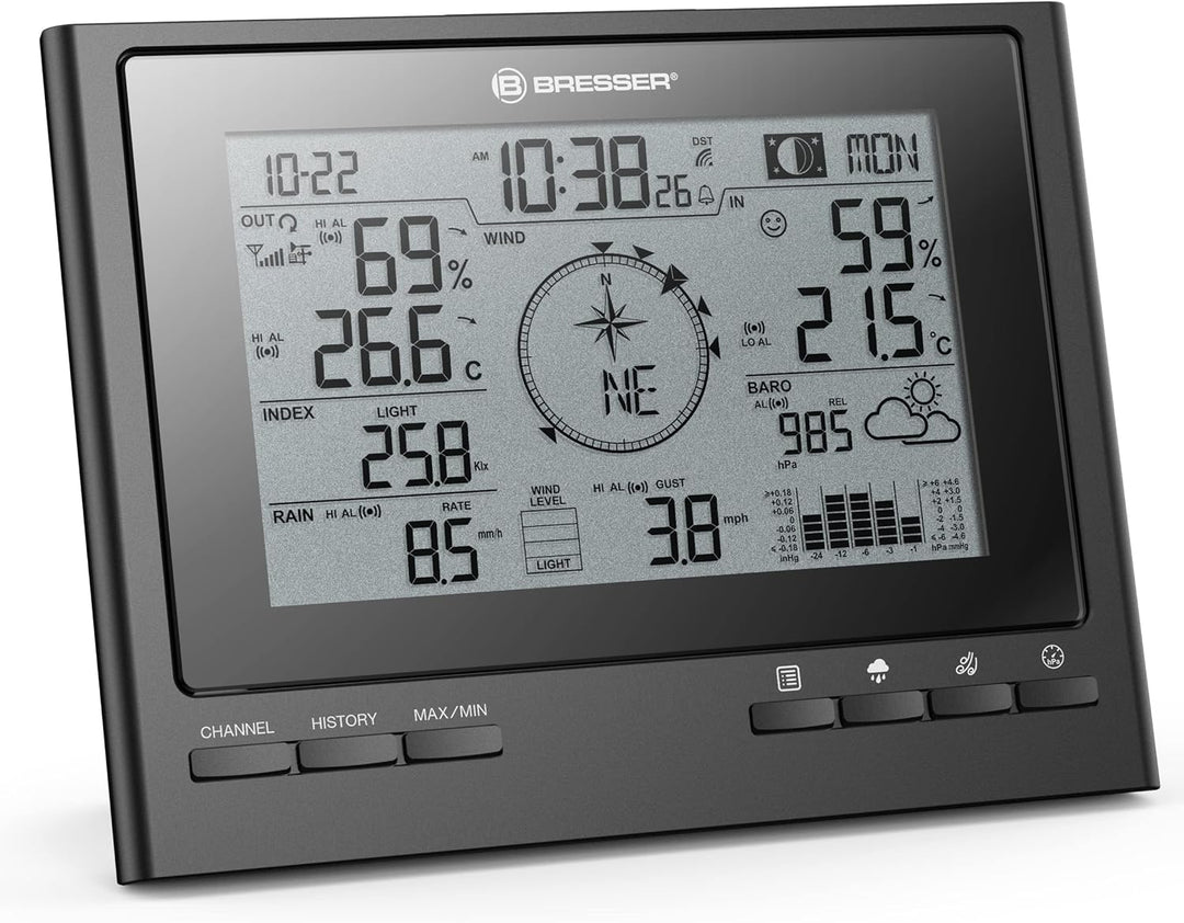 Bresser Wetterstation Funk mit Aussensensor 7-in-1 Wetter-Center ClimateScout mit Profi-Aussensensor
