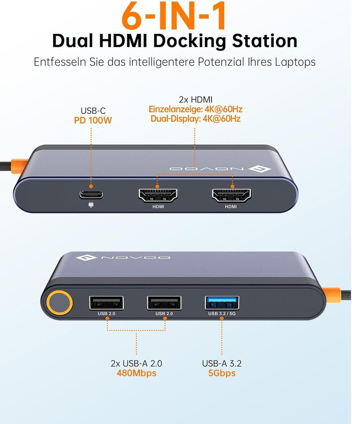 NOVOO USB C Docking Station 4K@60Hz Dual HDMI USB C Hub Adapter mit 2 HDMI 4K@60Hz,PD 100W Schnellla