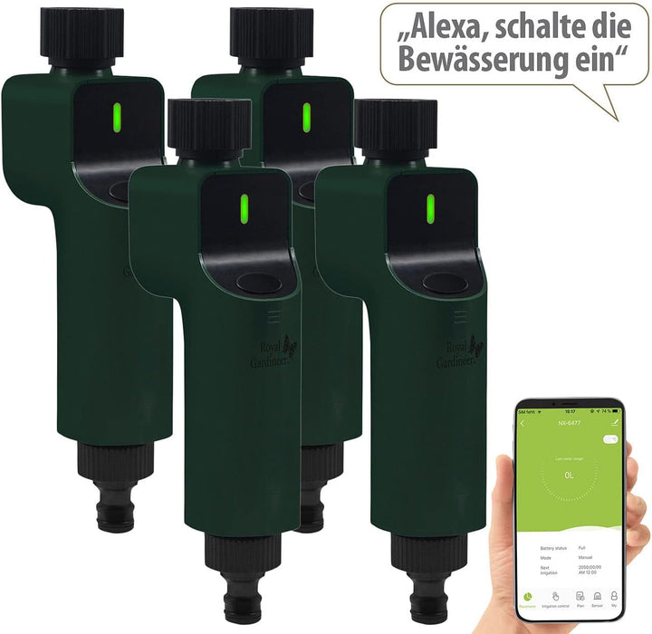 Royal Gardineer ZigBee Wasserzähler: 4er-Set Zigbee-Bewässerungscomputer mit Ventil, App- & Sprachst