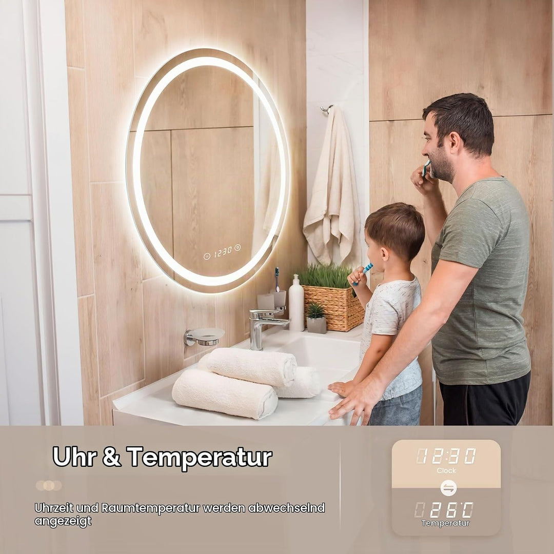 Dripex Badspiegel mit Beleuchtung Rund Led Spiegel mit Uhr und Touch-Schalter, Dimmbar, 3 Lichtfarbe