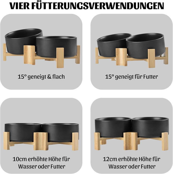 SPUNKYJUNKY 15° Kippbare Keramik Hundenapf mit Holzständer Futter und Wassernapf rutschfest für Hund