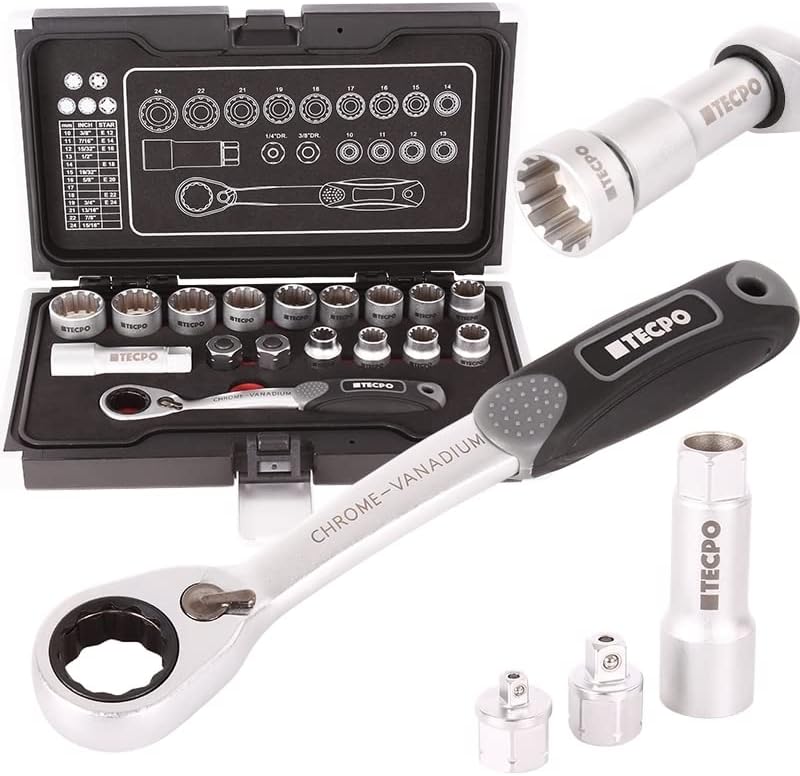TECPO® Vielzahn Steckschlüssel Satz Durchsteckknarre 1/2 Zoll 10-24 mm Zoll Werkzeug Nüsse Harley 3/