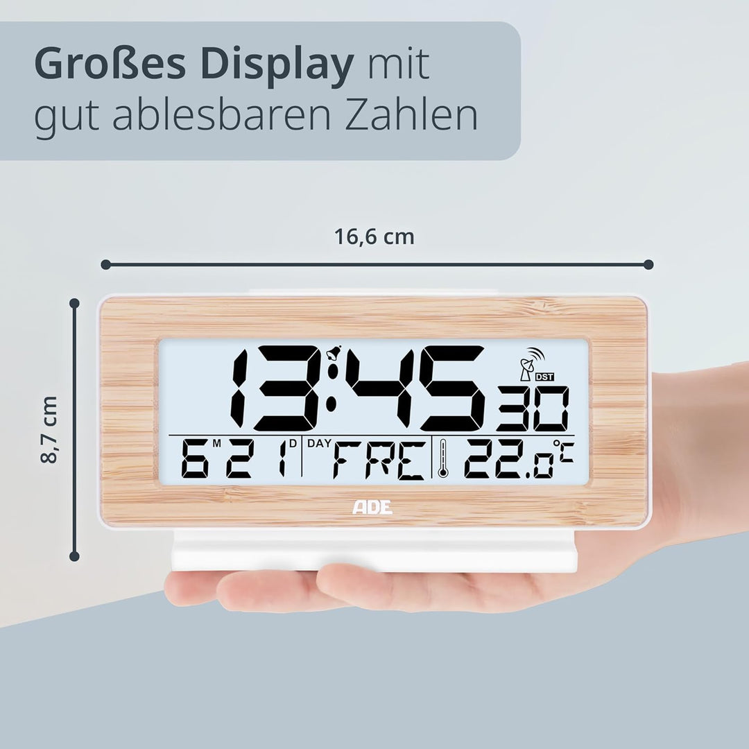 ADE Funkwecker digital mit Batterie | Tischuhr mit Temperaturanzeige und Kalender | Gehäusefront aus