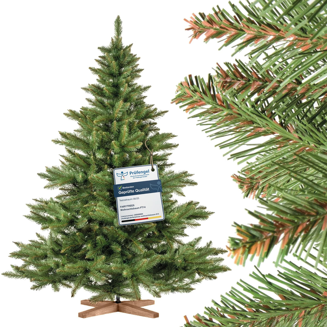 FAIRYTREES künstlicher Weihnachtsbaum NORDMANNTANNE, grüner Stamm, Material PVC, inkl. Holzständer,