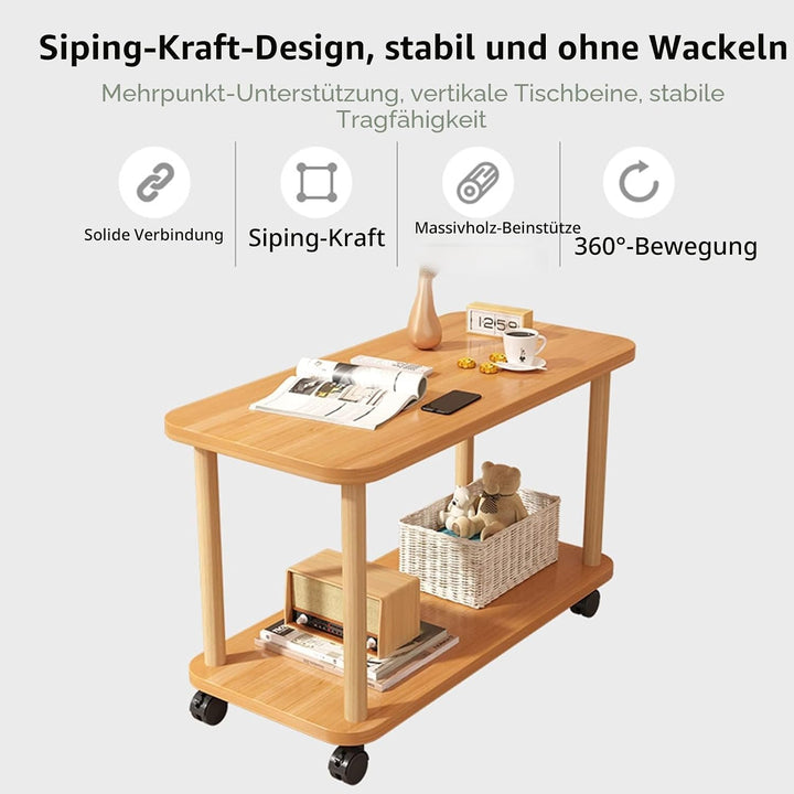 Beistelltisch, 2-Ebenen-Holz-Beistelltisch, 360°-drehbar auf Rollen, einfache Montage, Massivholz-So