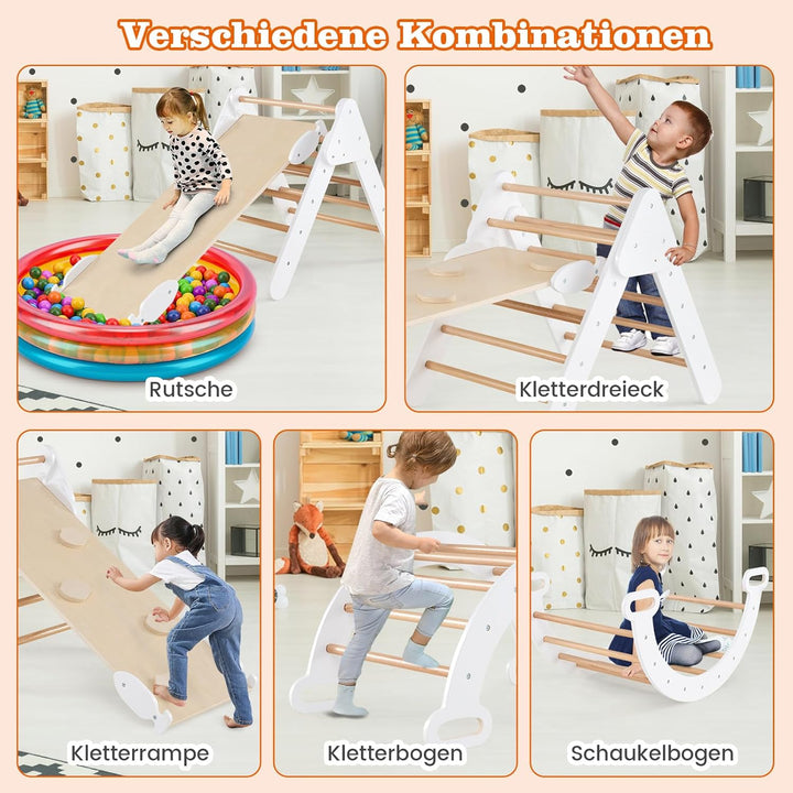 DREAMADE Montessori Kletterdreieck mit Kletterbogen und Rutsche, Holzdreieck für Kleinkinder ab 1 Ja