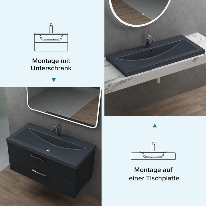 Design Waschbecken Colossum01, Matt Anthrazit aus Gussmarmor, Waschtisch, Waschplatz, Einbauwaschbec